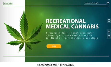 Green banner for website with offer, button, cannabis leaf and interface elements of website.