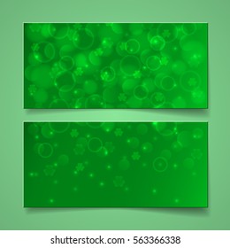 Green banners with bokeh and shamrock leaves. St. Patrick day cards. Vector illustration