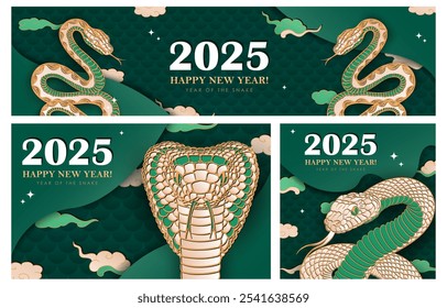Bandeiras verdes com papel desenhado à mão cortam nuvens, estrelas e cobra chinesa dourada como signo do zodíaco para o Ano Novo Lunar 2025. Cartões em estilo asiático. Cartazes em camadas de Natal para o Ano da cobra