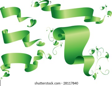Green banners - set of ribbon banners with leaves