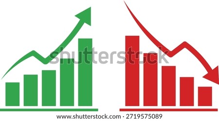 Green bar chart with upward arrow red bar chart with downward arrow finance