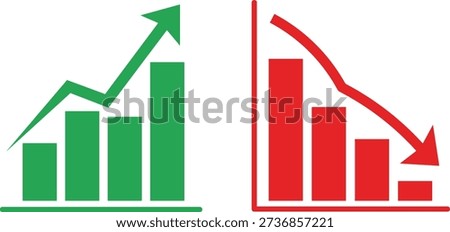 Green bar chart with upward arrow and red bar chart with downward arrow graph
