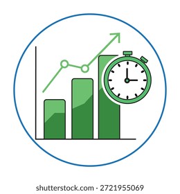 Gráfico de barras verdes com linha de tendência ascendente e cronômetro