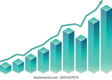 Exibição isométrica do gráfico de barras verdes. Gráficos de negócios, gráficos de dados, diagrama de estatísticas. Análise do progresso do crescimento. Vetor para visualização de apresentação, seta de relatório representando o aumento do índice de ações