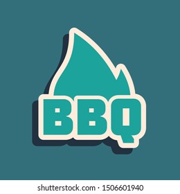 Green Barbecue fire flame icon isolated on blue background. Heat symbol. BBQ grill party. Long shadow style. Vector Illustration