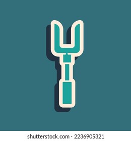 Green Barbecue fork icon isolated on green background. BBQ fork sign. Barbecue and grill tool. Long shadow style. Vector