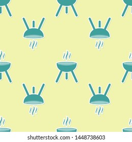 Green Barbecue grill icon isolated seamless pattern on yellow background. BBQ grill party. Vector Illustration