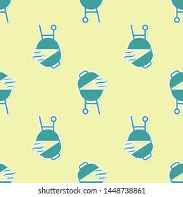 Green Barbecue grill icon isolated seamless pattern on yellow background. BBQ grill party. Vector Illustration