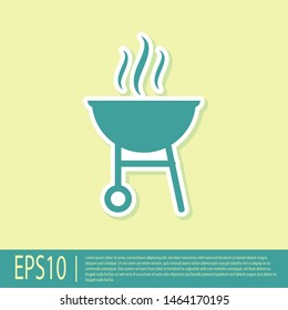 Green Barbecue grill icon isolated on yellow background. BBQ grill party. Vector Illustration