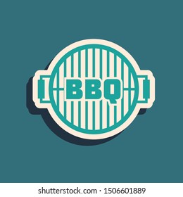 Green Barbecue grill icon isolated on blue background. Top view of BBQ grill. Steel grid. Long shadow style. Vector Illustration