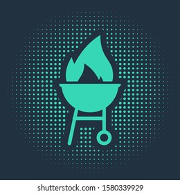 Green Barbecue grill icon isolated on blue background. BBQ grill party. Abstract circle random dots. Vector Illustration