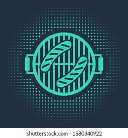 Green Barbecue grill with sausage icon isolated on blue background. BBQ grill party. Abstract circle random dots. Vector Illustration