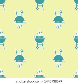 Green Barbecue grilled shish kebab on skewer stick icon isolated seamless pattern on yellow background. BBQ meat kebab on skewer stick. Picnic with grill meat. Vector Illustration