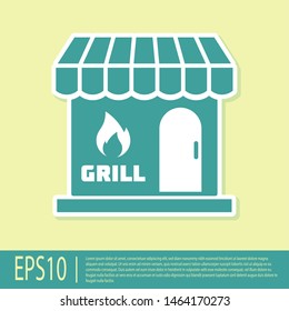 Green Barbecue shopping building or market store icon isolated on yellow background. BBQ grill party. Shop construction. Vector Illustration