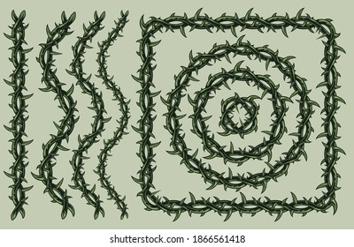 Green barbed wire vintage pattern brush with line wave square and circle shapes isolated vector illustration