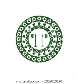 Green barbell on rack icon inside distress rubber texture