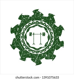 Green barbell on rack icon inside distress rubber grunge texture seal