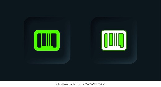 Icono de código de barras verde aislado sobre fondo negro. Botón cuadrado negro. Vector