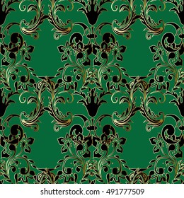 Green Baroque damask vintage vector seamless pattern background wallpaper illustration with 3d black and gold antique decorative flowers and ornaments.Baroque pattern.Baroque floral ornament