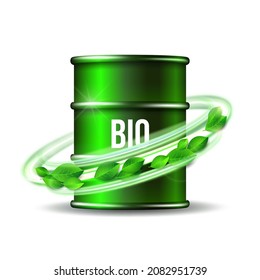 Green barrel of biofuel with word BIO and green leaves, environment conceptual design. Vector illustration.