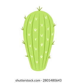 Green barrel cactus with sharp needles and white spots. Arid desert plant and Mexican flora element. Flat style wild nature illustration isolated on white background.