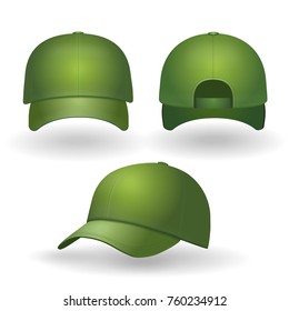 Green baseball cap realistic set. Front side view isolated Vector