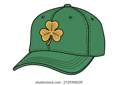 Gorra de béisbol verde con trébol amarillo. Accesorio irlandés temático para el día de San Patricio.