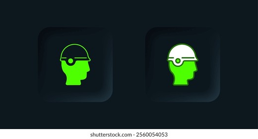 Green Baseball helmet icon isolated on black background. Black square button. Vector