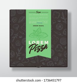 Cuenca Verde Congeló La Casilla De Cartón Realista Pizza. Resumen de diseño o etiqueta de empaque vectorial. Tipografía Moderna, Dibujar Patrón De Comida Sin Mareas. Diseño de fondo de papel negro. Aislado.