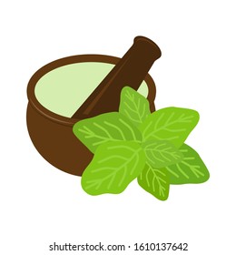 green basil leaves in front of mortar and pestle