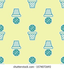 Green Basketball ball and basket icon isolated seamless pattern on yellow background. Ball in basketball hoop.  Vector Illustration