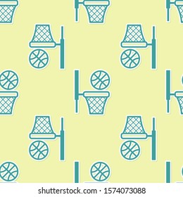 Green Basketball ball and basket icon isolated seamless pattern on yellow background. Ball in basketball hoop.  Vector Illustration