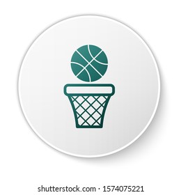 Green Basketball ball and basket icon isolated on white background. Ball in basketball hoop. White circle button. Vector Illustration
