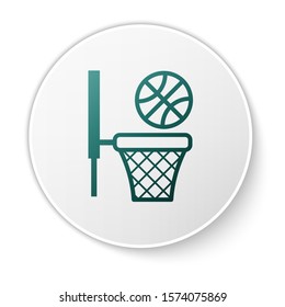 Green Basketball ball and basket icon isolated on white background. Ball in basketball hoop. White circle button. Vector Illustration