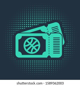 Green Basketball game ticket icon isolated on blue background. Abstract circle random dots. Vector Illustration