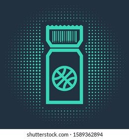 Green Basketball game ticket icon isolated on blue background. Abstract circle random dots. Vector Illustration
