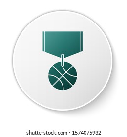 Green Basketball medal with ribbon icon isolated on white background. White circle button. Vector Illustration