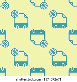 Green Basketball on sport calendar icon isolated seamless pattern on yellow background.  Vector Illustration