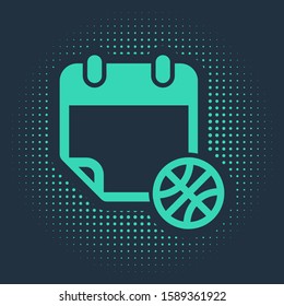 Green Basketball on sport calendar icon isolated on blue background. Abstract circle random dots. Vector Illustration