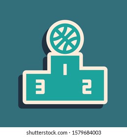 Green Basketball over sports winner podium icon isolated on blue background. Long shadow style. Vector Illustration
