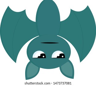 A green bat hanging upside down and sparkling eyes  vector  color drawing illustration 