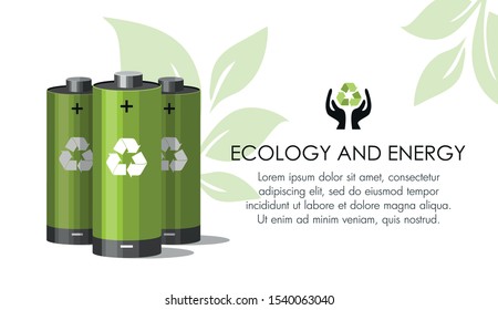 Green batteries Battery with recycle symbol - renewable energy concept on white. Vector Illustration