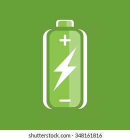 Green battery charge icon. charged sign. Charging symbol. Battery on green background. Vector illustration.
