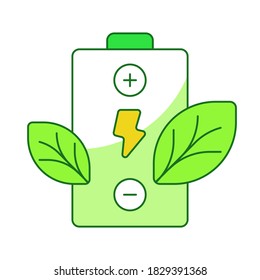 Green battery concept battery recharging leaf white isolated background with green theme flat outline style