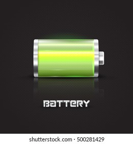 Green battery, full charge with lighting. Vector illustration.