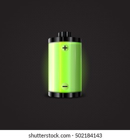 Green battery, full charge with lighting. Vector illustration.
