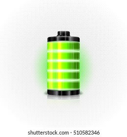 Green battery, full charge with lighting. Vector illustration.