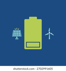 Um ícone verde da bateria é centralizado, flanqueado por um painel solar à esquerda e uma turbina eólica à direita, simbolizando o armazenamento e a geração de energia renovável.