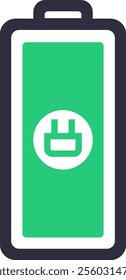 Green battery icon charging, featuring a plug symbol, symbolizes energy, power, and electricity while illustrating a connection to a power source for various electronic devices