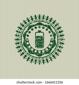 Green battery icon inside distressed grunge style stamp